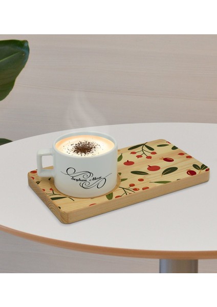Kişiye Özel Meyve Tasarımlı Doğal Ahşap Tabaklı Seramik Fincan Sunum Seti Model 1