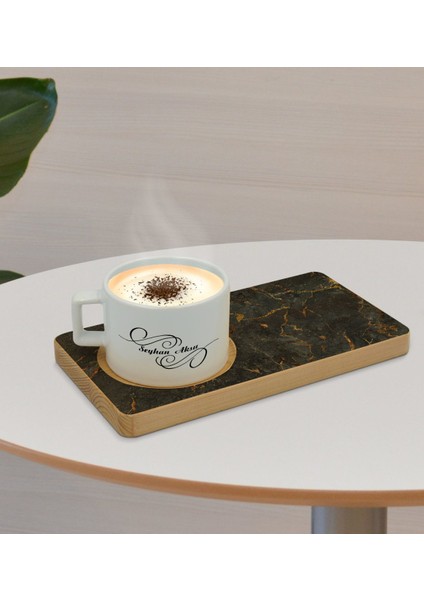 Kişiye Özel Mermer Tasarımlı Doğal Ahşap Tabaklı Seramik Fincan Sunum Seti Model 8