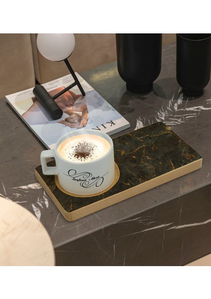 Kişiye Özel Mermer Tasarımlı Doğal Ahşap Tabaklı Seramik Fincan Sunum Seti Model 8 fiyatları