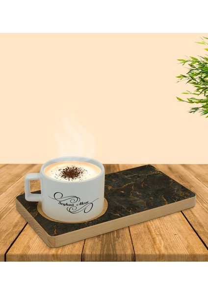 Kişiye Özel Mermer Tasarımlı Doğal Ahşap Tabaklı Seramik Fincan Sunum Seti Model 8 fırsatları