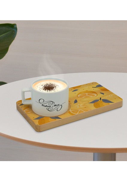 Kişiye Özel Limon Tasarımlı Doğal Ahşap Tabaklı Seramik Fincan Sunum Seti Model 2