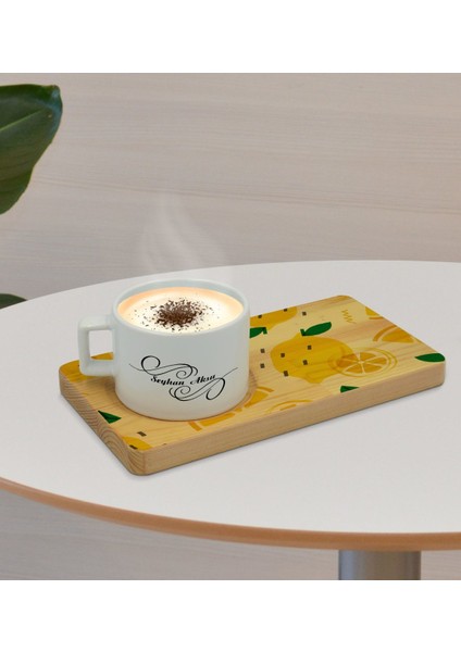 Kişiye Özel Limon Tasarımlı Doğal Ahşap Tabaklı Seramik Fincan Sunum Seti Model 1