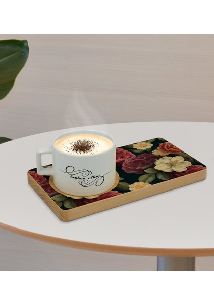 Kişiye Özel Çiçekler Tasarımlı Doğal Ahşap Tabaklı Seramik Fincan Sunum Seti Model 6