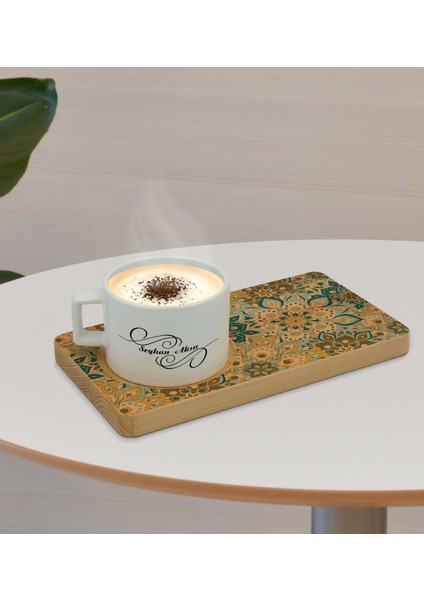 Kişiye Özel Retro Motif Tasarımlı Doğal Ahşap Tabaklı Seramik Fincan Sunum Seti Model 11