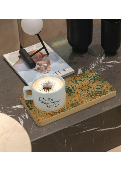Kişiye Özel Retro Motif Tasarımlı Doğal Ahşap Tabaklı Seramik Fincan Sunum Seti Model 11 fiyatları