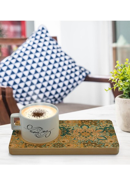 Kişiye Özel Retro Motif Tasarımlı Doğal Ahşap Tabaklı Seramik Fincan Sunum Seti Model 11 modelleri