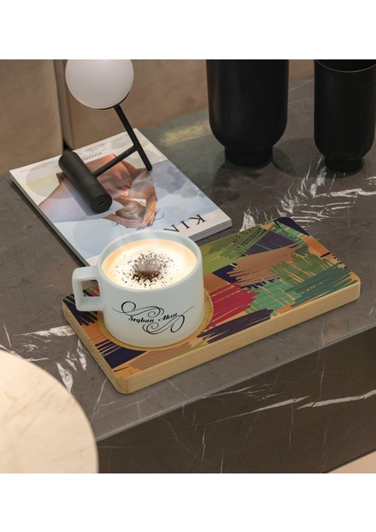 Kişiye Özel Modern Art Tasarımlı Doğal Ahşap Tabaklı Seramik Fincan Sunum Seti Model 11 fiyatları