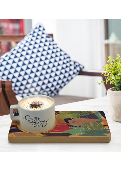 Kişiye Özel Modern Art Tasarımlı Doğal Ahşap Tabaklı Seramik Fincan Sunum Seti Model 11 modelleri