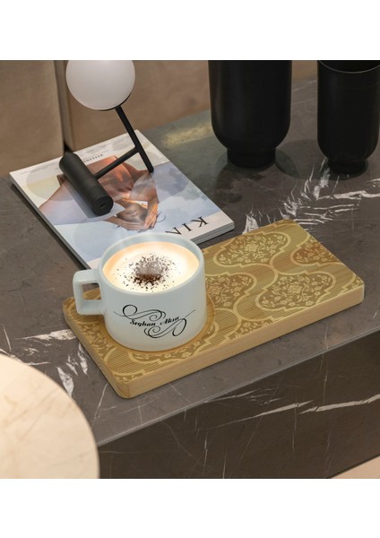Kişiye Özel Retro Motif Tasarımlı Doğal Ahşap Tabaklı Seramik Fincan Sunum Seti Model 14