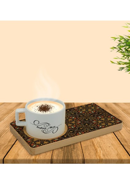 Kişiye Özel Retro Motif Tasarımlı Doğal Ahşap Tabaklı Seramik Fincan Sunum Seti Model 12