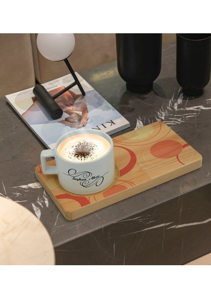 Kişiye Özel Modern Art Tasarımlı Doğal Ahşap Tabaklı Seramik Fincan Sunum Seti Model 13 fiyatları