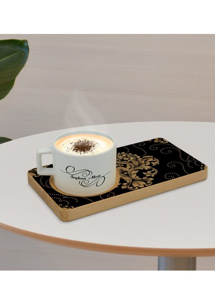 Kişiye Özel Retro Motif Tasarımlı Doğal Ahşap Tabaklı Seramik Fincan Sunum Seti Model 10
