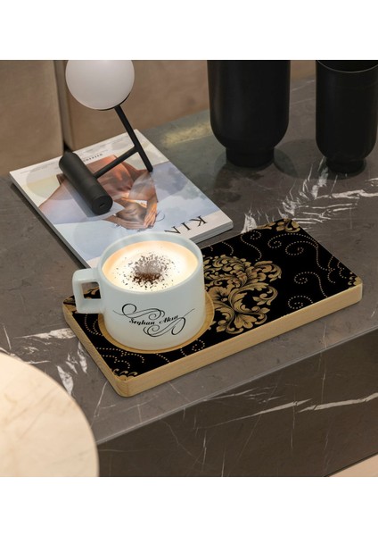 Kişiye Özel Retro Motif Tasarımlı Doğal Ahşap Tabaklı Seramik Fincan Sunum Seti Model 10
