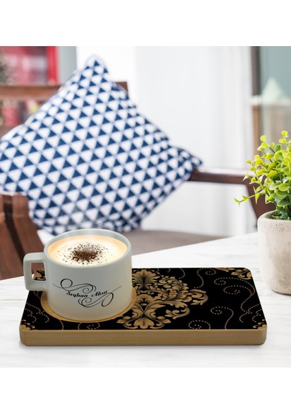 Kişiye Özel Retro Motif Tasarımlı Doğal Ahşap Tabaklı Seramik Fincan Sunum Seti Model 10