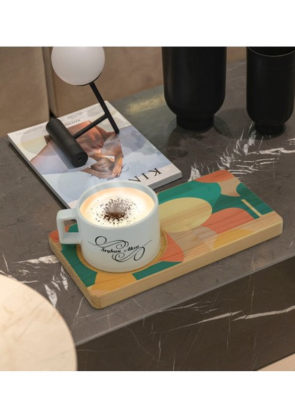 Kişiye Özel Modern Art Tasarımlı Doğal Ahşap Tabaklı Seramik Fincan Sunum Seti Model 10 fiyatları