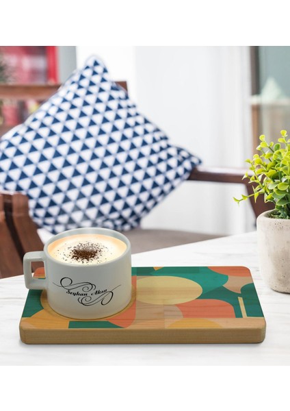 Kişiye Özel Modern Art Tasarımlı Doğal Ahşap Tabaklı Seramik Fincan Sunum Seti Model 10 modelleri