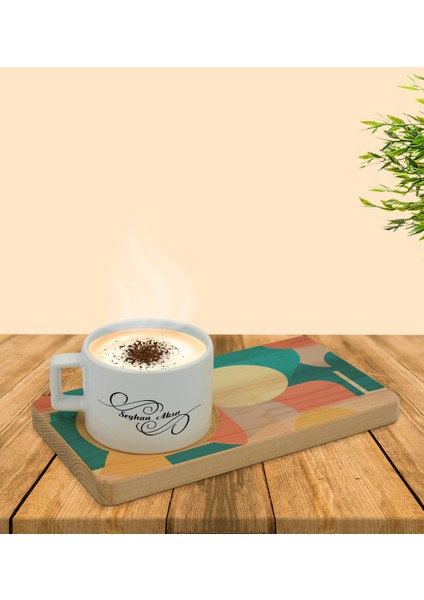 Kişiye Özel Modern Art Tasarımlı Doğal Ahşap Tabaklı Seramik Fincan Sunum Seti Model 10 fırsatları