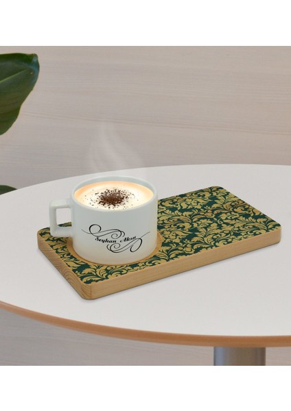 Kişiye Özel Retro Motif Tasarımlı Doğal Ahşap Tabaklı Seramik Fincan Sunum Seti Model 8