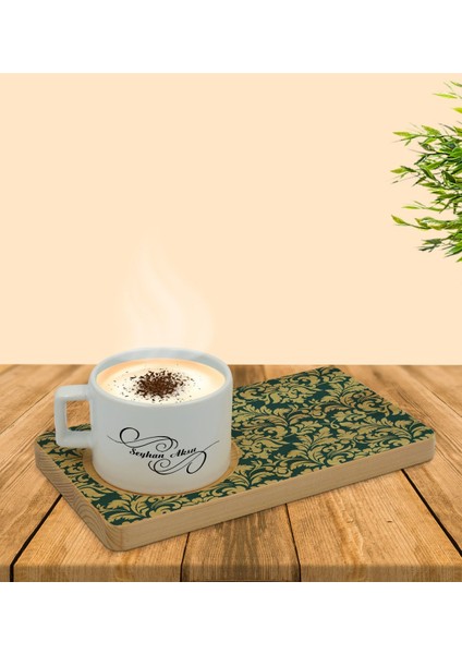 Kişiye Özel Retro Motif Tasarımlı Doğal Ahşap Tabaklı Seramik Fincan Sunum Seti Model 8 fırsatları