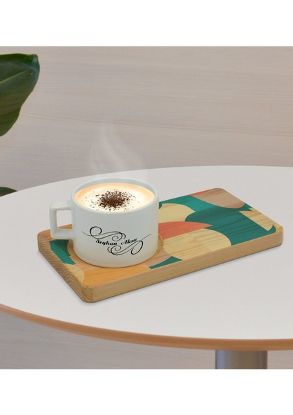 Kişiye Özel Modern Art Tasarımlı Doğal Ahşap Tabaklı Seramik Fincan Sunum Seti Model 9