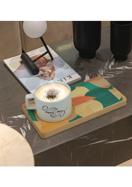Kişiye Özel Modern Art Tasarımlı Doğal Ahşap Tabaklı Seramik Fincan Sunum Seti Model 9 fiyatları