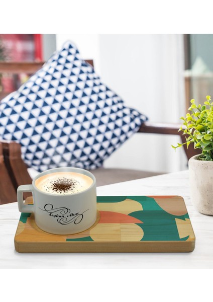 Kişiye Özel Modern Art Tasarımlı Doğal Ahşap Tabaklı Seramik Fincan Sunum Seti Model 9 modelleri