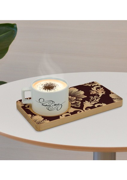 Kişiye Özel Retro Motif Tasarımlı Doğal Ahşap Tabaklı Seramik Fincan Sunum Seti Model 7