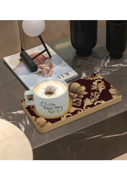 Kişiye Özel Retro Motif Tasarımlı Doğal Ahşap Tabaklı Seramik Fincan Sunum Seti Model 7