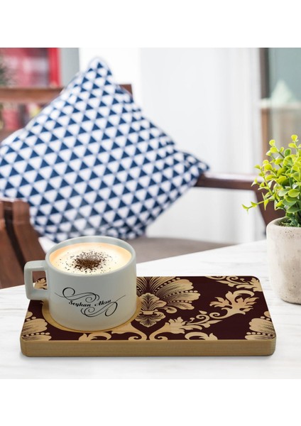 Kişiye Özel Retro Motif Tasarımlı Doğal Ahşap Tabaklı Seramik Fincan Sunum Seti Model 7