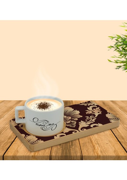 Kişiye Özel Retro Motif Tasarımlı Doğal Ahşap Tabaklı Seramik Fincan Sunum Seti Model 7