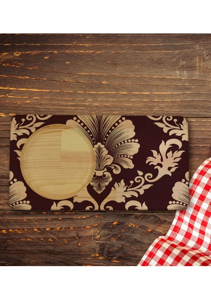 Kişiye Özel Retro Motif Tasarımlı Doğal Ahşap Tabaklı Seramik Fincan Sunum Seti Model 7