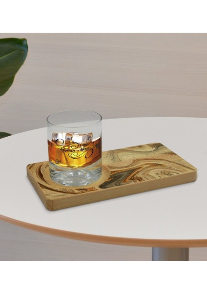 Kişiye Özel Mermer Tasarımlı Doğal Ahşap Tabaklı Viski Bardağı Sunum Seti Model 14 fırsatları