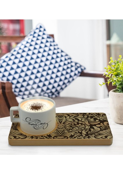 Kişiye Özel Retro Motif Tasarımlı Doğal Ahşap Tabaklı Seramik Fincan Sunum Seti Model 6