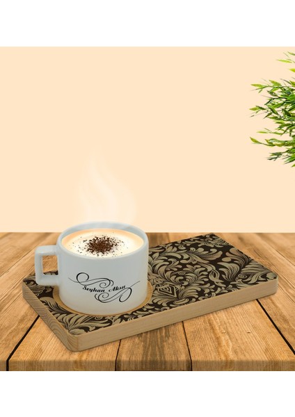 Kişiye Özel Retro Motif Tasarımlı Doğal Ahşap Tabaklı Seramik Fincan Sunum Seti Model 6