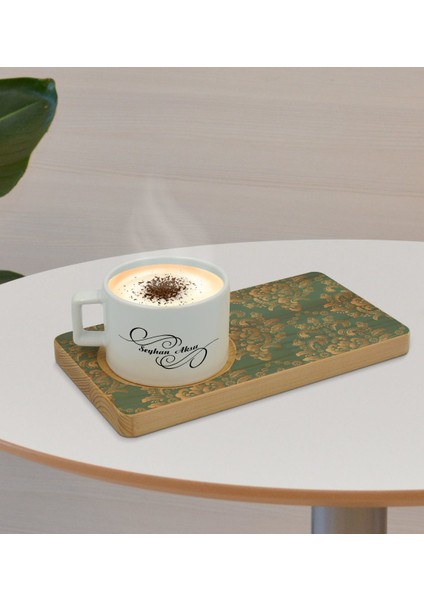 Kişiye Özel Retro Motif Tasarımlı Doğal Ahşap Tabaklı Seramik Fincan Sunum Seti Model 5