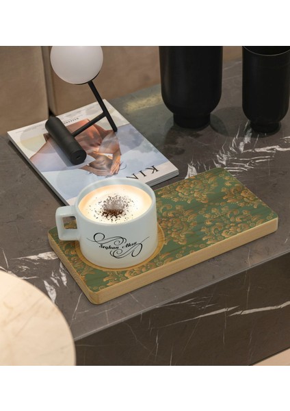 Kişiye Özel Retro Motif Tasarımlı Doğal Ahşap Tabaklı Seramik Fincan Sunum Seti Model 5 fiyatları