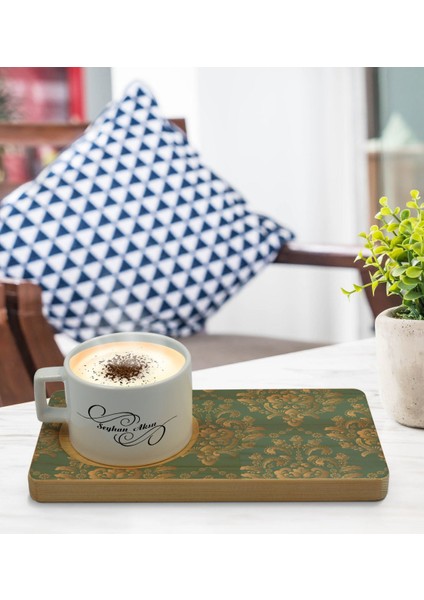Kişiye Özel Retro Motif Tasarımlı Doğal Ahşap Tabaklı Seramik Fincan Sunum Seti Model 5 modelleri