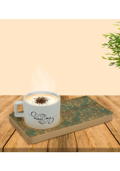 Kişiye Özel Retro Motif Tasarımlı Doğal Ahşap Tabaklı Seramik Fincan Sunum Seti Model 5 fırsatları