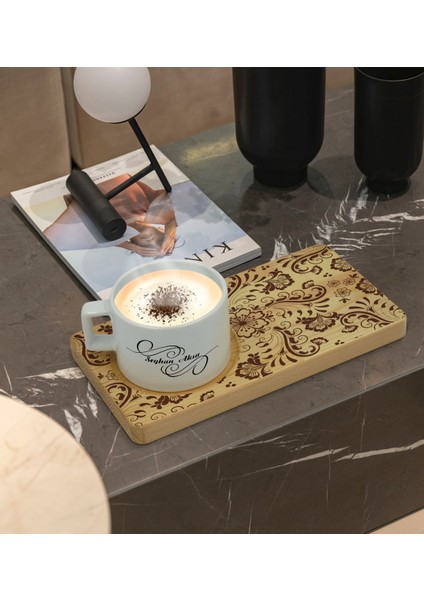 Kişiye Özel Retro Motif Tasarımlı Doğal Ahşap Tabaklı Seramik Fincan Sunum Seti Model 3