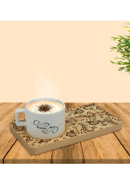 Kişiye Özel Retro Motif Tasarımlı Doğal Ahşap Tabaklı Seramik Fincan Sunum Seti Model 3