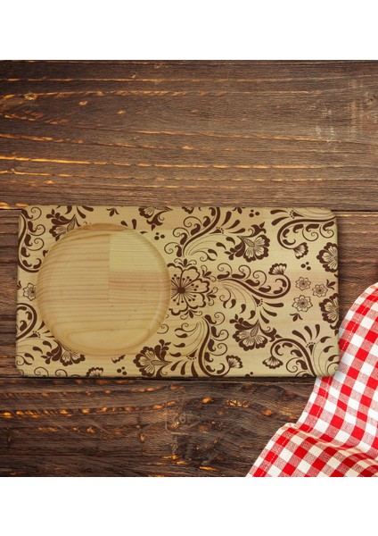 Kişiye Özel Retro Motif Tasarımlı Doğal Ahşap Tabaklı Seramik Fincan Sunum Seti Model 3