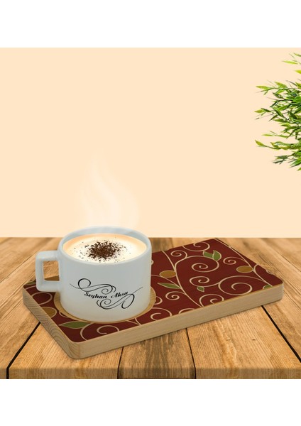 Kişiye Özel Retro Motif Tasarımlı Doğal Ahşap Tabaklı Seramik Fincan Sunum Seti Model 1