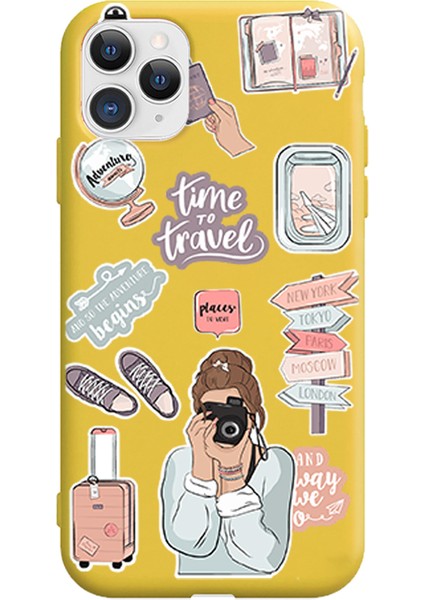 Escover Aksesuar Apple iPhone 11 Pro Travel Girl Tasarım Sarı Renkli Lansman Kılıf