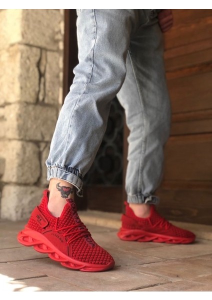 350 Yüksek Taban Tarz Sneakers Cırt Detaylı Kırmızı Erkek Spor Ayakkabısı