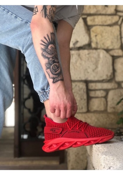 350 Yüksek Taban Tarz Sneakers Cırt Detaylı Kırmızı Erkek Spor Ayakkabısı