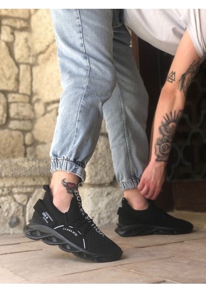 350 Yüksek Taban Tarz Sneakers Cırt Detaylı Siyah Erkek Spor Ayakkabısı