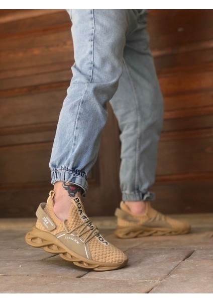 350 Yüksek Taban Tarz Sneakers Cırt Detaylı Krem Erkek Spor Ayakkabısı
