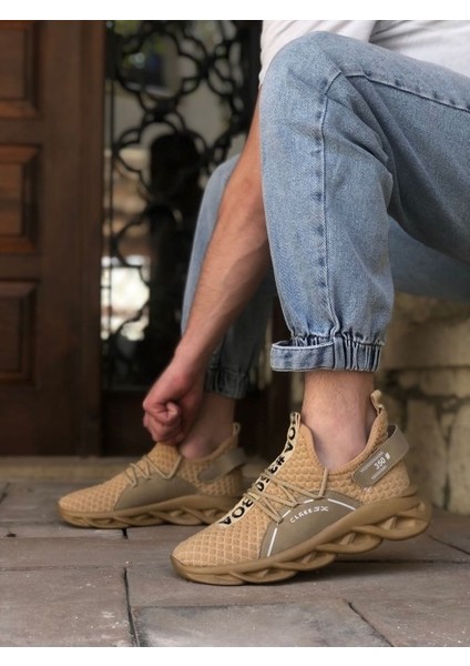 350 Yüksek Taban Tarz Sneakers Cırt Detaylı Krem Erkek Spor Ayakkabısı modelleri