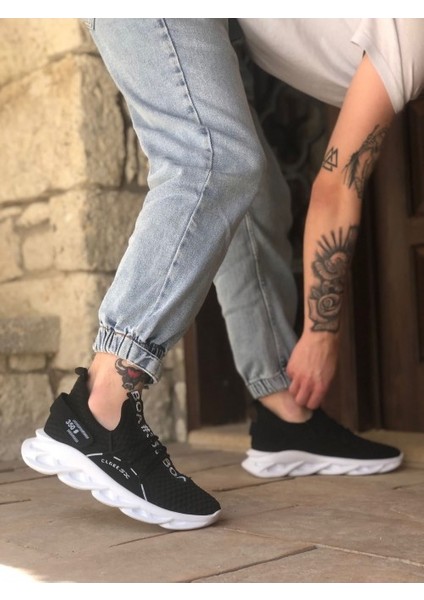 350 Yüksek Taban Tarz Sneakers Cırt Detaylı Siyah Beyaz Tabanlı Erkek Spor Ayakkabısı