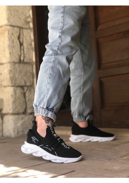 350 Yüksek Taban Tarz Sneakers Cırt Detaylı Siyah Beyaz Tabanlı Erkek Spor Ayakkabısı